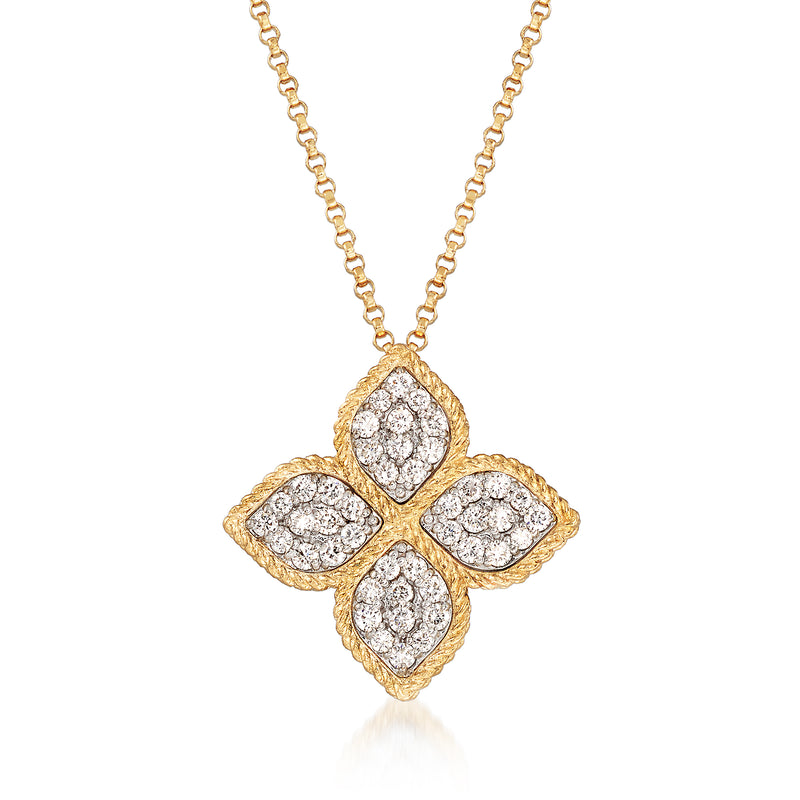 18kt yellow gold diamond flower pendant necklace with quatrefoil design