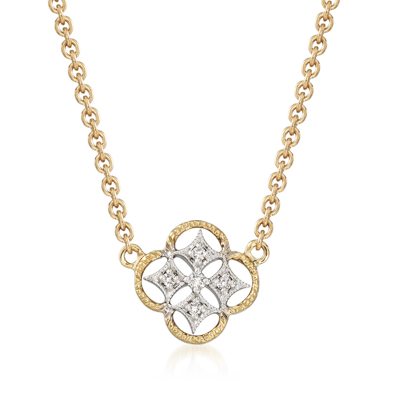 Two-tone gold openwork clover necklace pendant with diamond accents