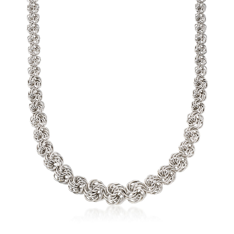 Sterling silver graduated rosette-link necklace with linked spiral rosettes