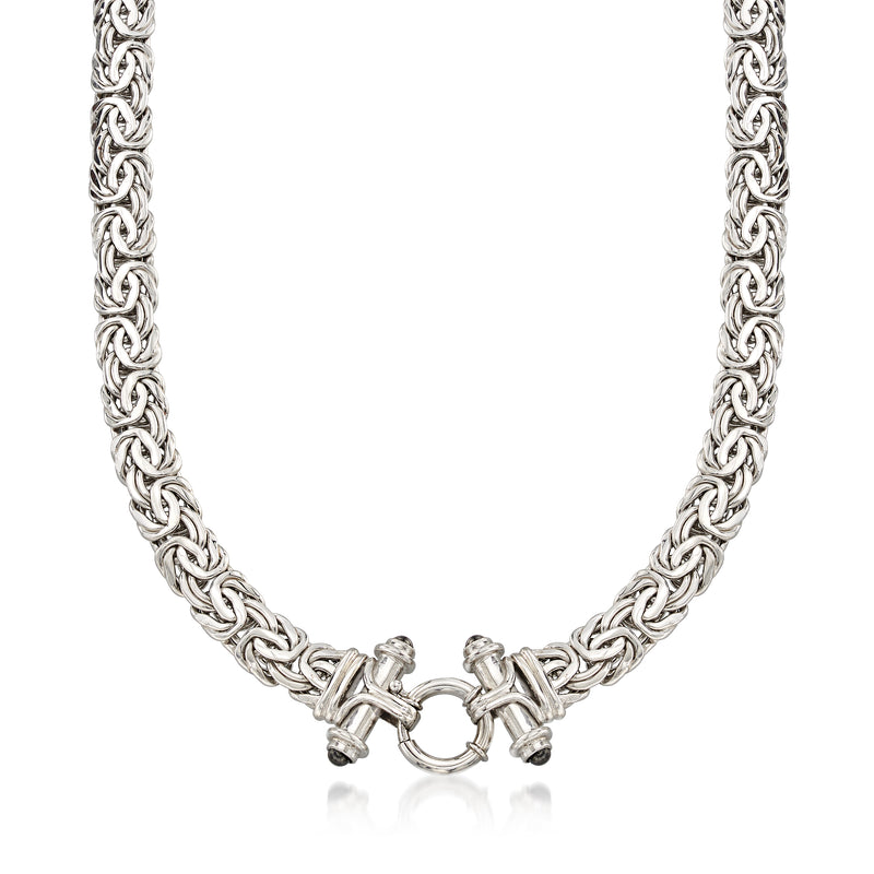 Sterling silver Byzantine chain necklace with decorative clasp and circular links