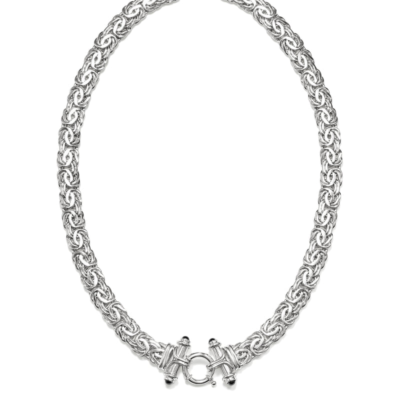Sterling silver Byzantine chain necklace shown from above with decorative front clasp