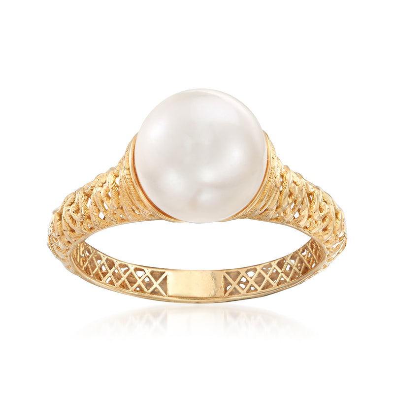 14kt yellow gold pearl filigree ring with round white cultured pearl centerpiece