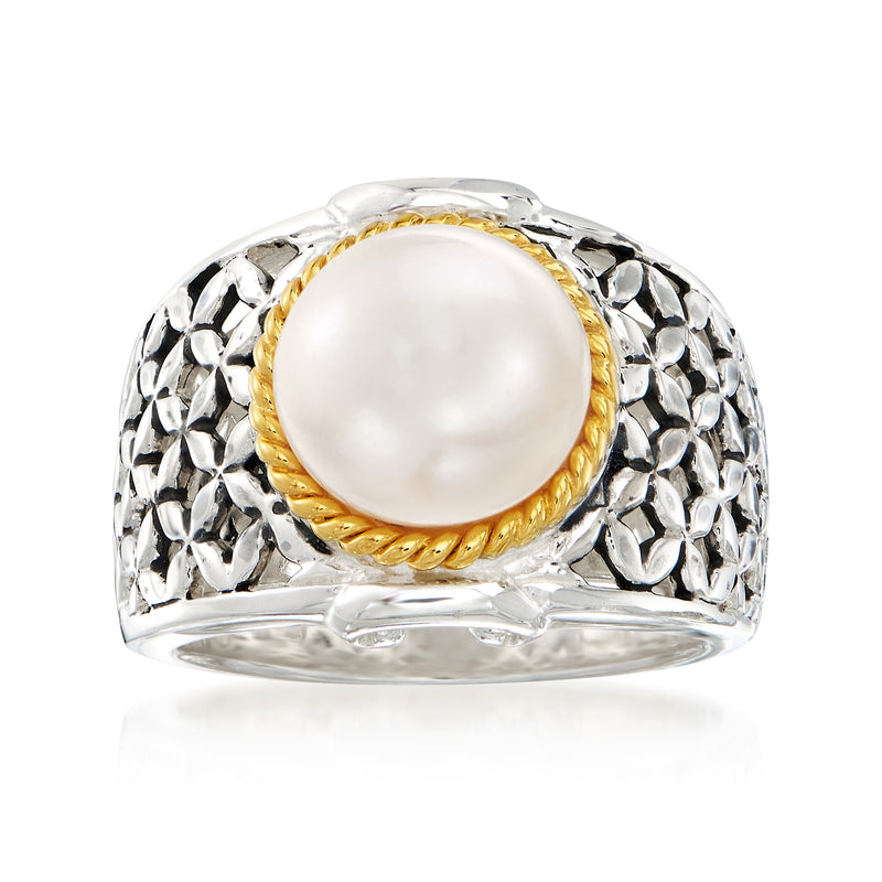 Two-tone sterling silver ring with round button cultured pearl and gold bezel edge