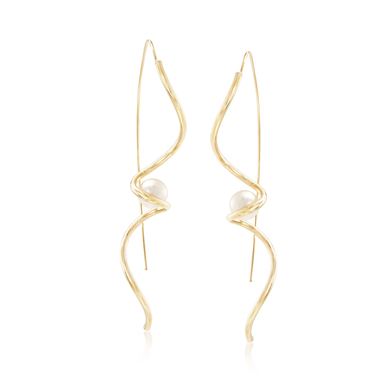 14kt yellow gold spiral drop earrings with cultured pearl accents