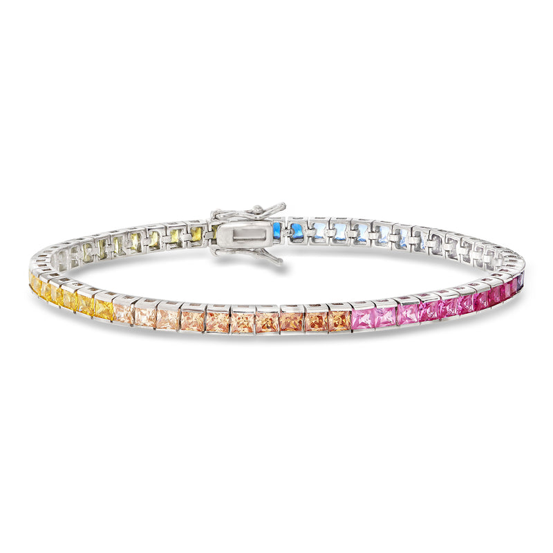Sterling silver tennis bracelet with rainbow simulated sapphire stones and box clasp