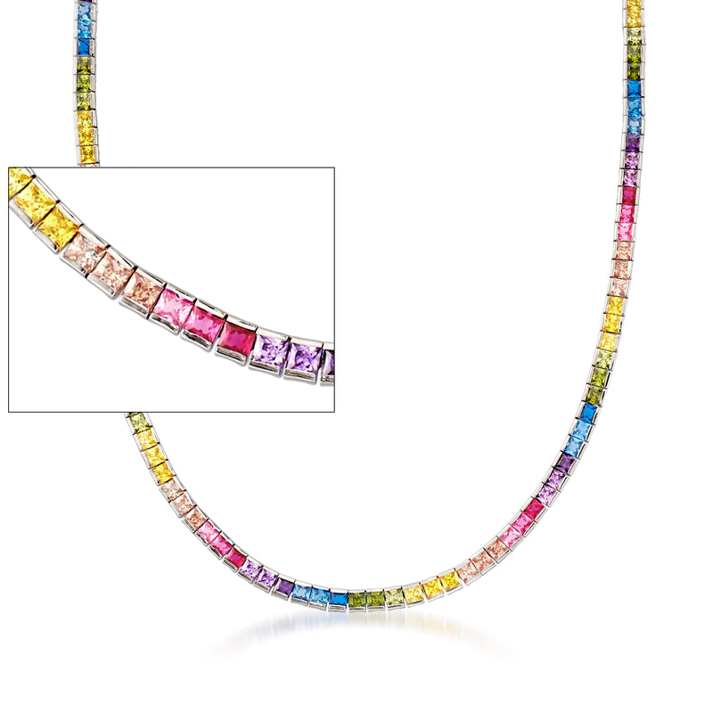 Sterling silver tennis necklace with rainbow CZ stones