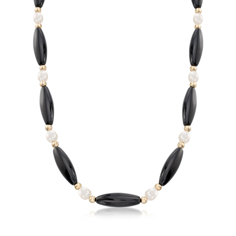 14kt yellow gold onyx and cultured pearl necklace, alternating black oval beads and white pearls