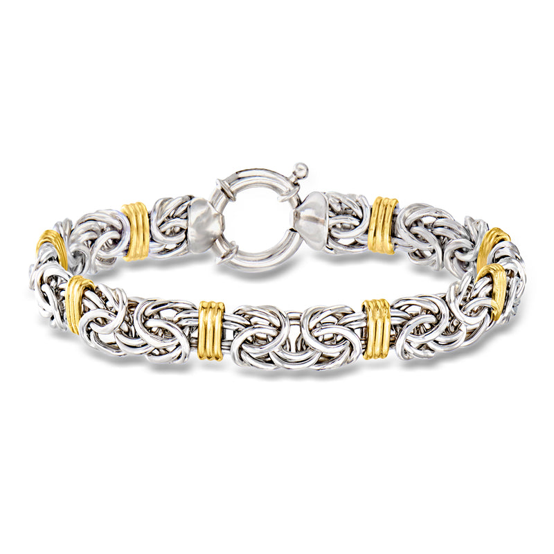 Sterling silver and yellow gold Byzantine link station bracelet with toggle clasp
