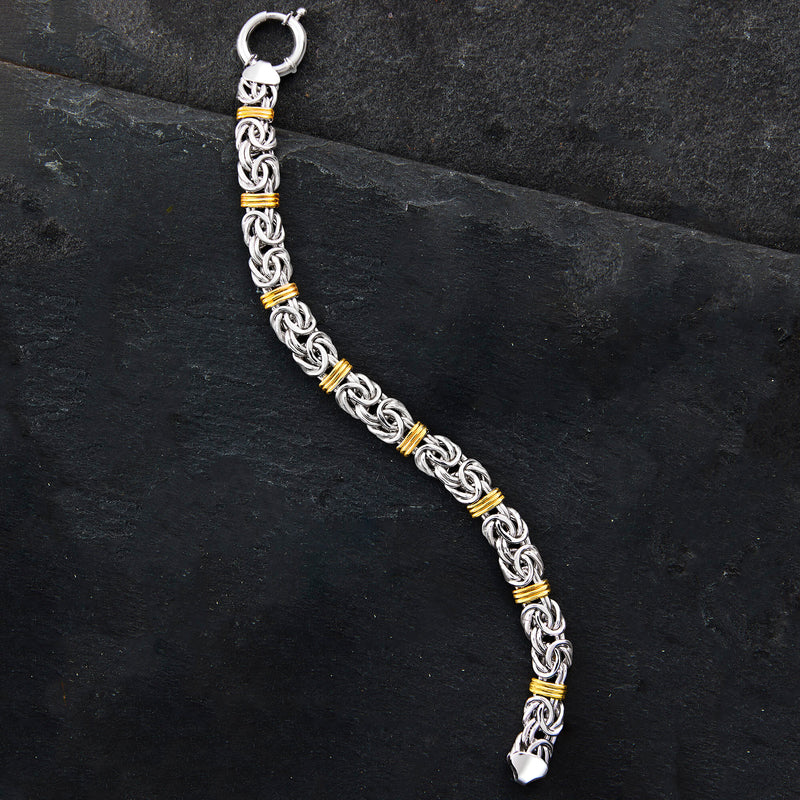 Sterling silver and yellow gold Byzantine link bracelet with ring clasp and chain end