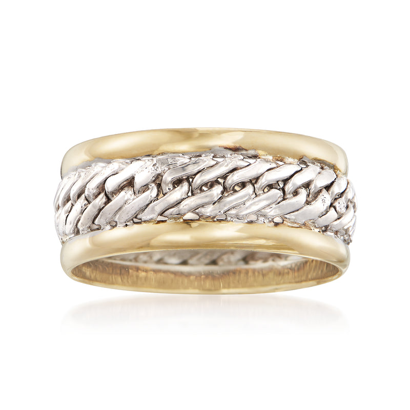 Two-tone curb-link ring with yellow gold bezel and sterling silver links