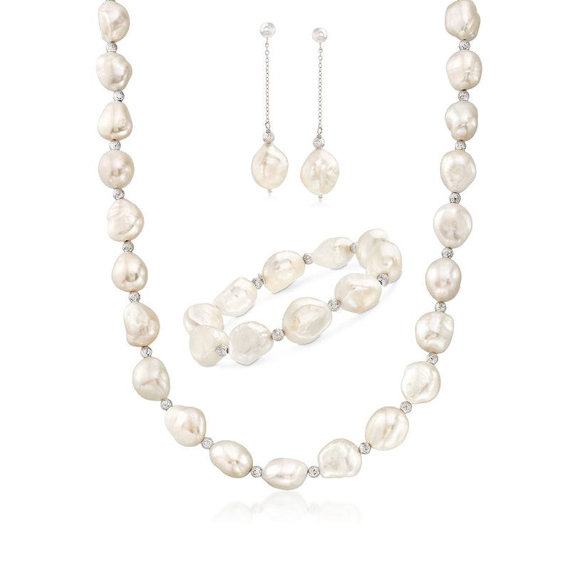 Cultured baroque pearl jewelry set with sterling silver: necklace, bracelet, earrings