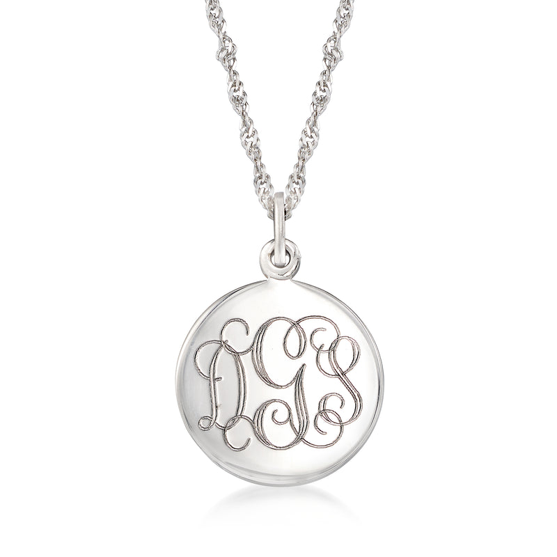 Sterling silver round locket necklace with ornate engraved monogram front and chain