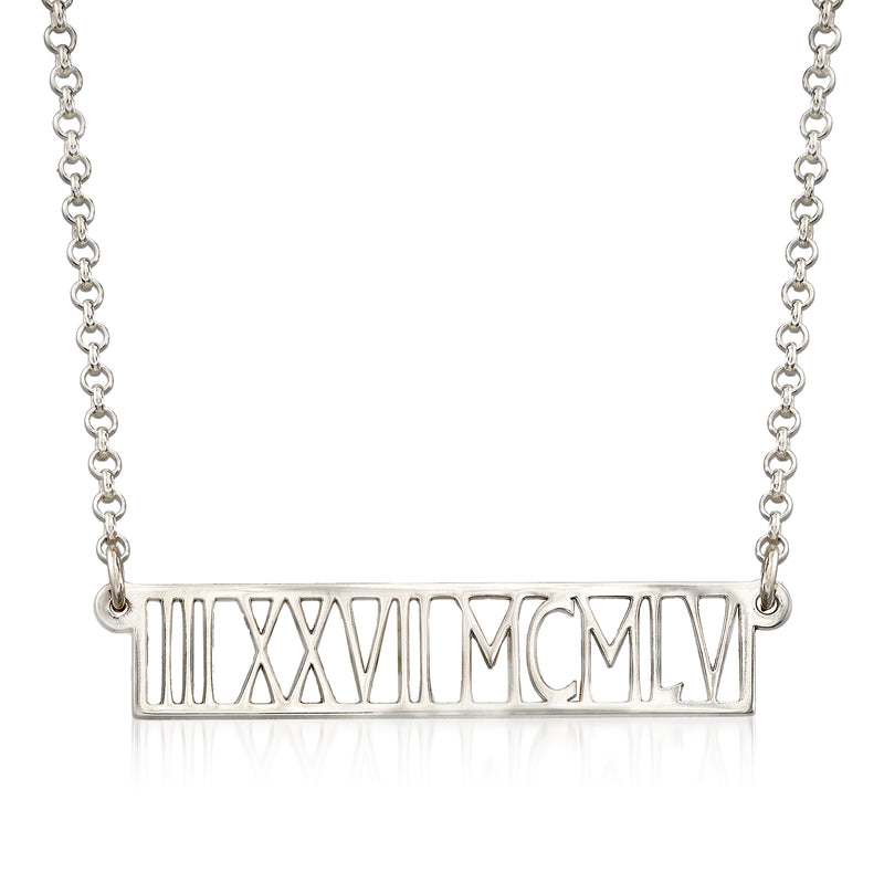 Sterling silver horizontal bar necklace with roman numeral engraving, linked chain