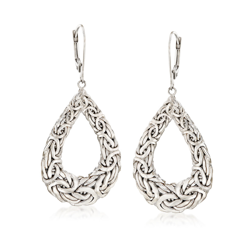 Sterling silver Byzantine teardrop hoop earrings with leverback closures