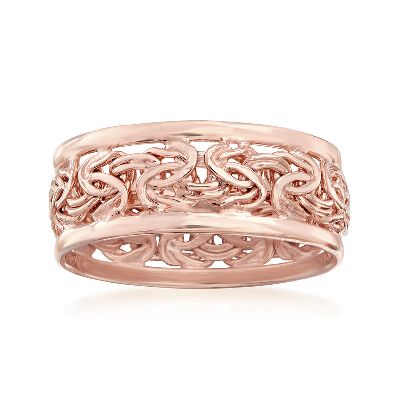Rose gold Byzantine band ring with interwoven chain pattern