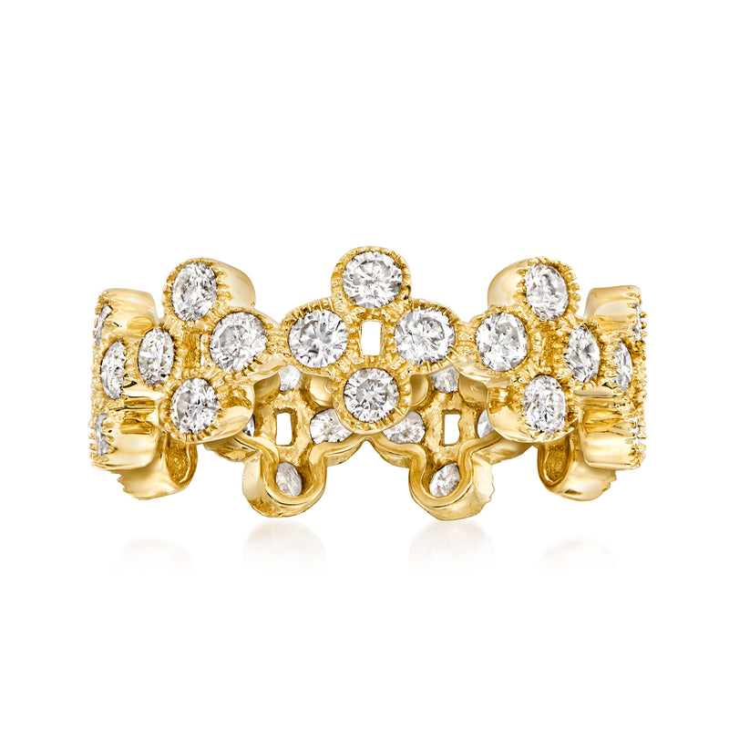 14kt yellow gold diamond clover eternity band with round stones, full-circle sparkle
