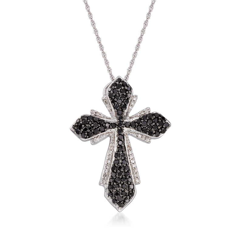 Sterling silver diamond cross pendant necklace with black pave stones, white accents