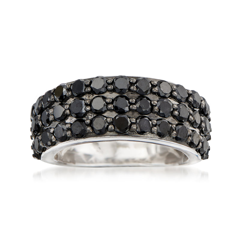 Three-row black diamond ring in sterling silver with faceted dark stones