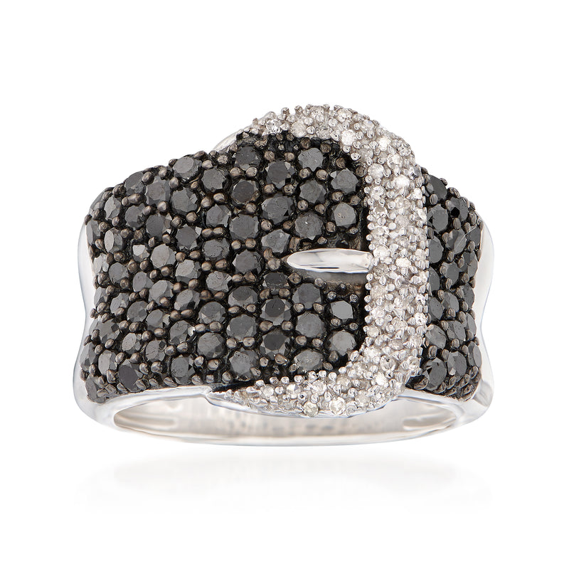 Sterling silver buckle ring with black and white diamond accents