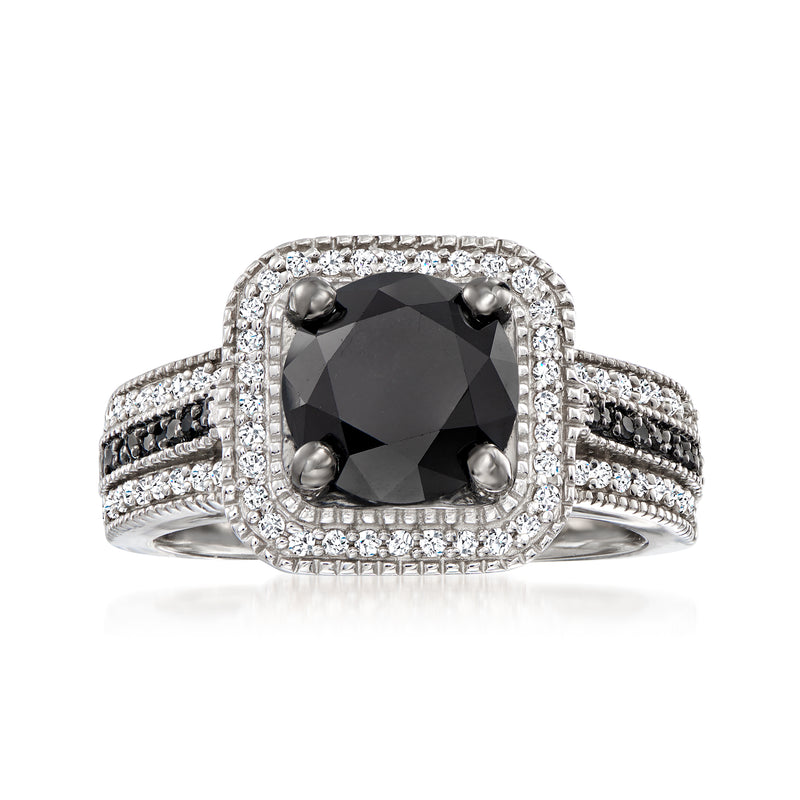 Sterling silver black and white diamond ring with cushion-cut center stone