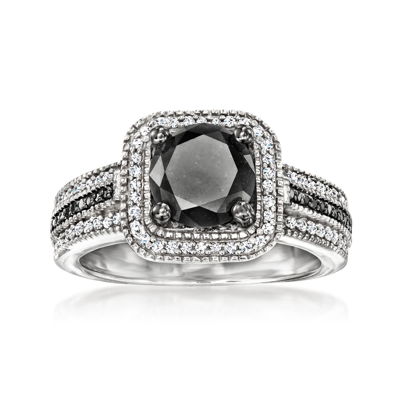 Sterling silver black and white diamond ring with square halo and pavé band