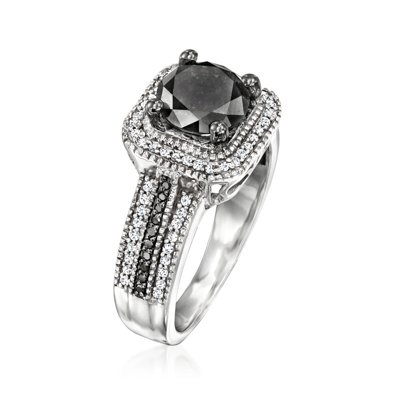 Sterling silver black and white diamond ring with round black center stone