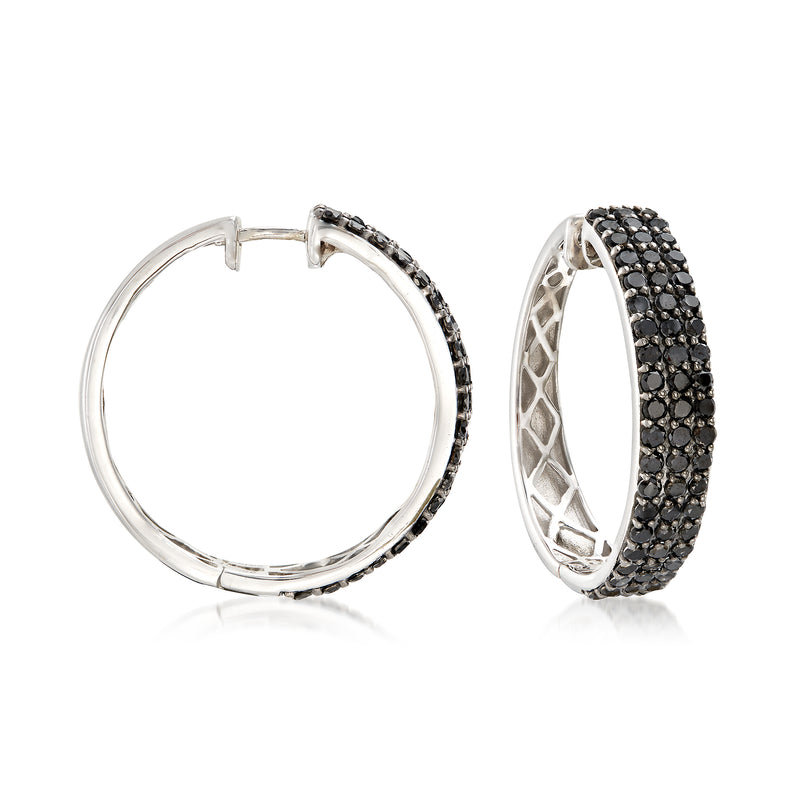 Sterling silver three-row black diamond hoop earrings with round hinged hoops