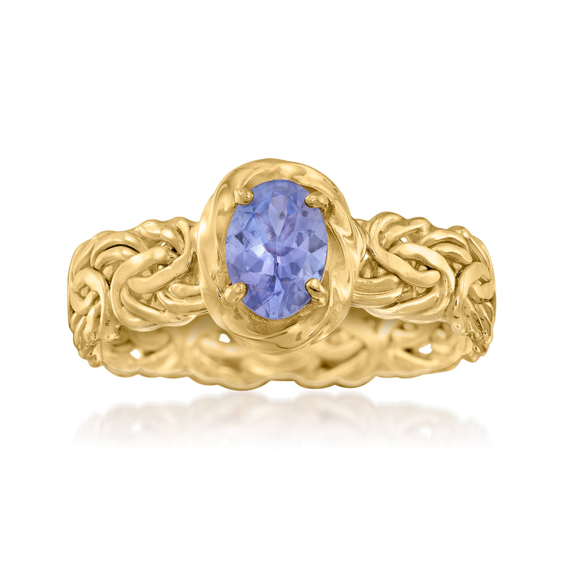 Byzantine tanzanite ring in 14k yellow gold, oval blue-purple gemstone bezel
