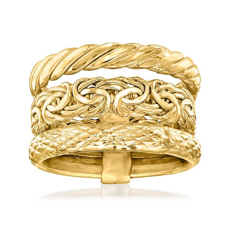 14kt yellow gold three stacked rings with braided and twisted bands