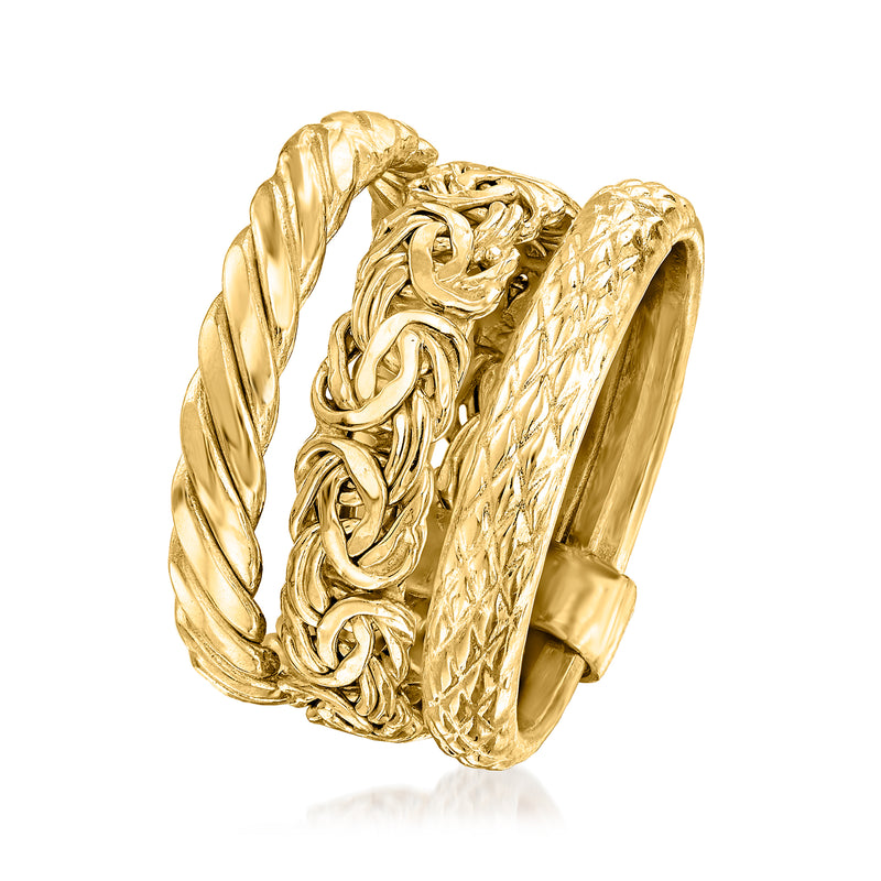 14kt yellow gold three stacked rings, braided outer band and twisted center