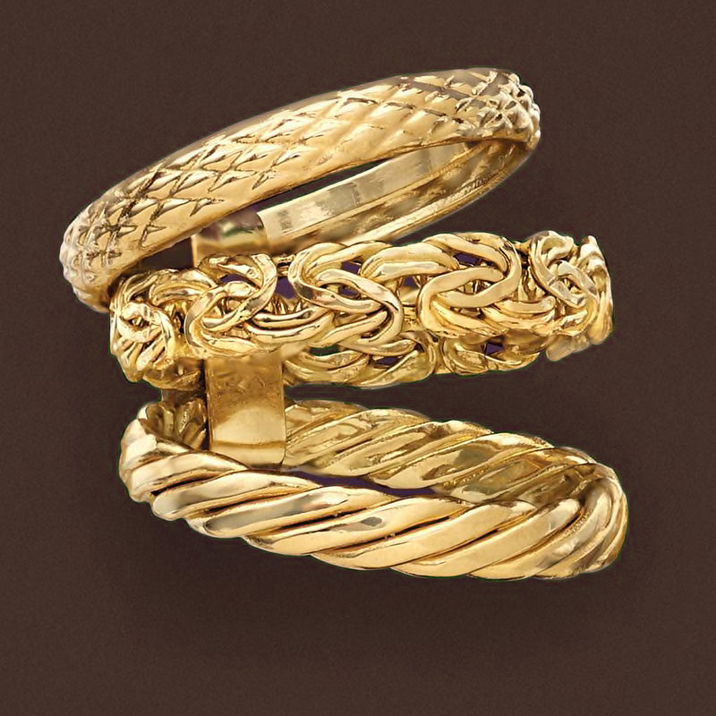 14kt yellow gold three stacked rings, layered braided, twisted, and polished surfaces