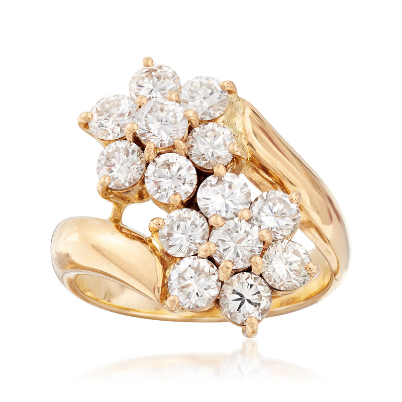 Vintage yellow gold diamond floral bypass cluster ring with round stones