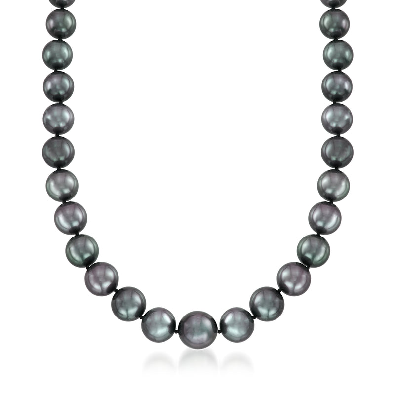 Black Tahitian pearl necklace, round beads, 14kt white gold clasp