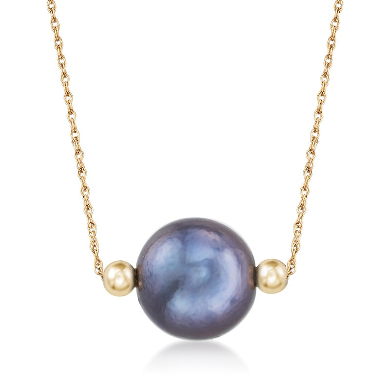 Black cultured pearl necklace with 14kt yellow gold chain and two small gold pearls