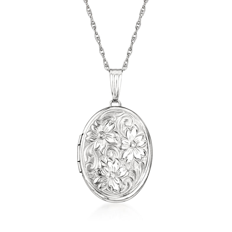 Oval floral engraved locket necklace in white gold with chain and hinged opening