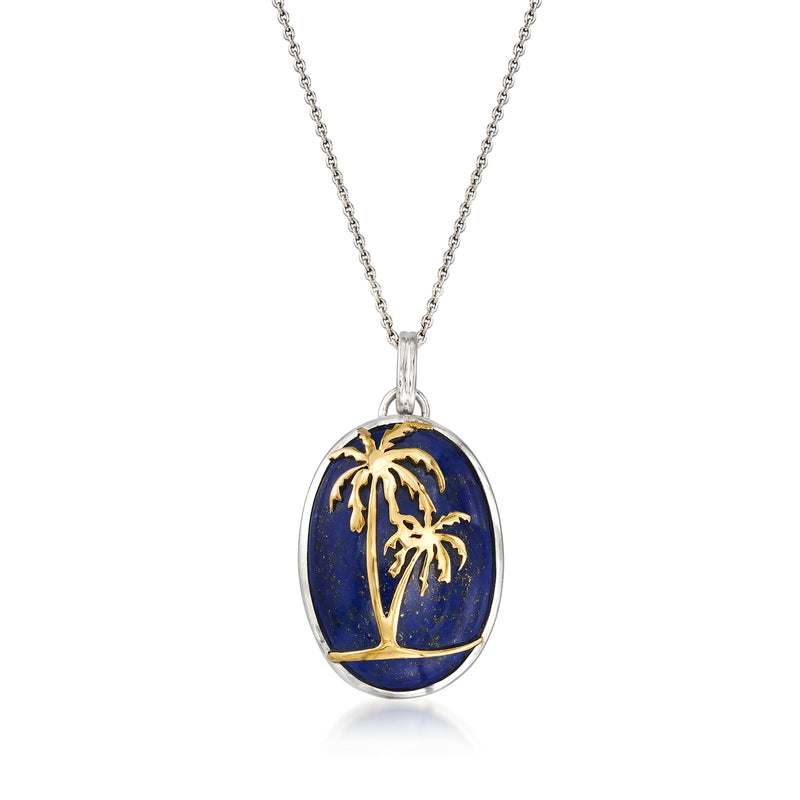 Oval lapis palm tree pendant necklace in sterling silver and 14kt yellow gold