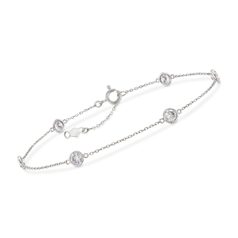 14kt white gold bezel-set CZ station bracelet with round clear stones on cable chain