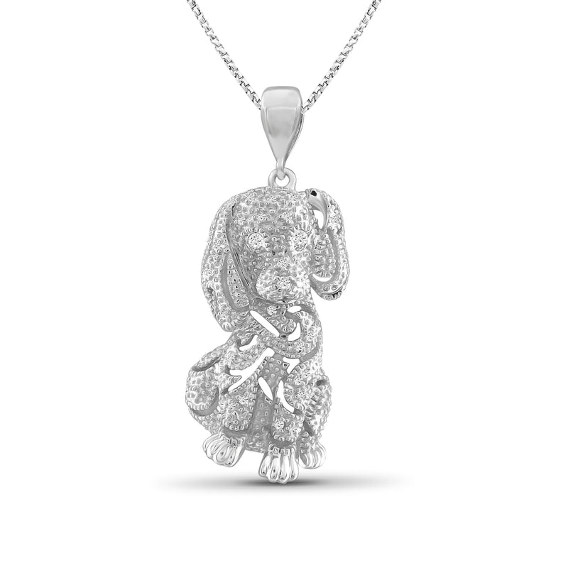 Sterling silver dog pendant necklace with diamond accents, hanging on a chain.