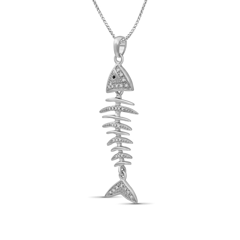 Sterling silver fish pendant necklace with diamond-studded spine and curled tail