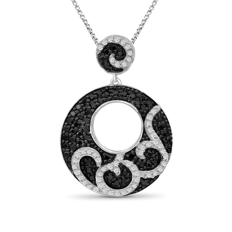 Sterling silver diamond swirl pendant necklace with black and white round halo