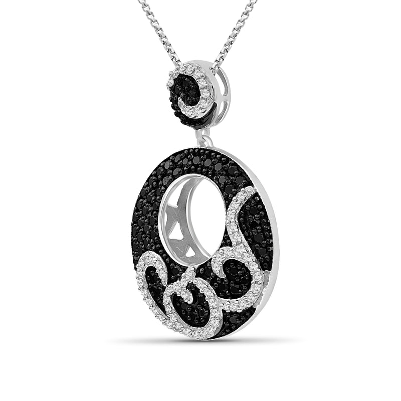 Sterling silver diamond swirl pendant necklace with black pave stones and white accents