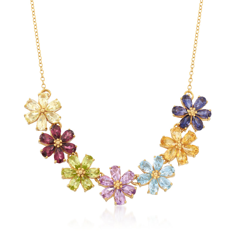 Multi-gemstone flower necklace with gold chain and colorful floral drop