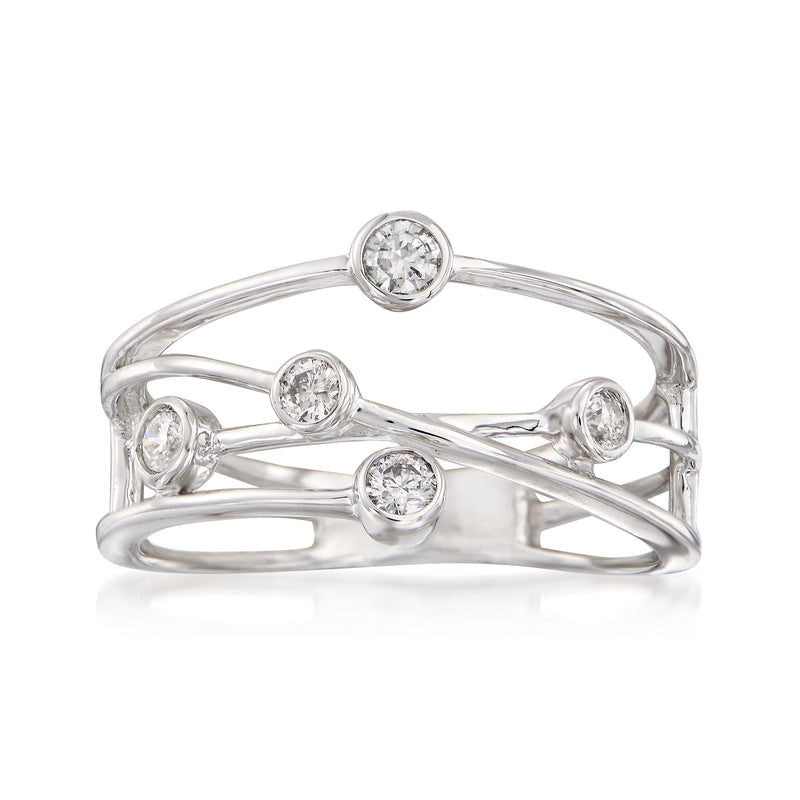 14kt white gold crisscross bezel-set round diamond ring with 4 stones