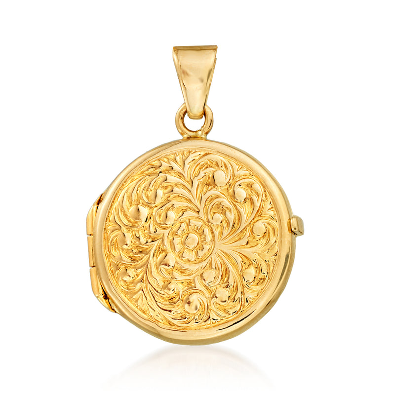 14kt yellow gold round locket pendant with ornate scrollwork front and side hinge