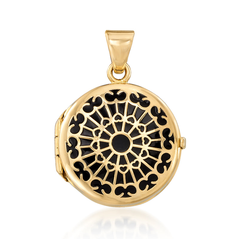 14kt yellow gold locket pendant with black enamel rose window design