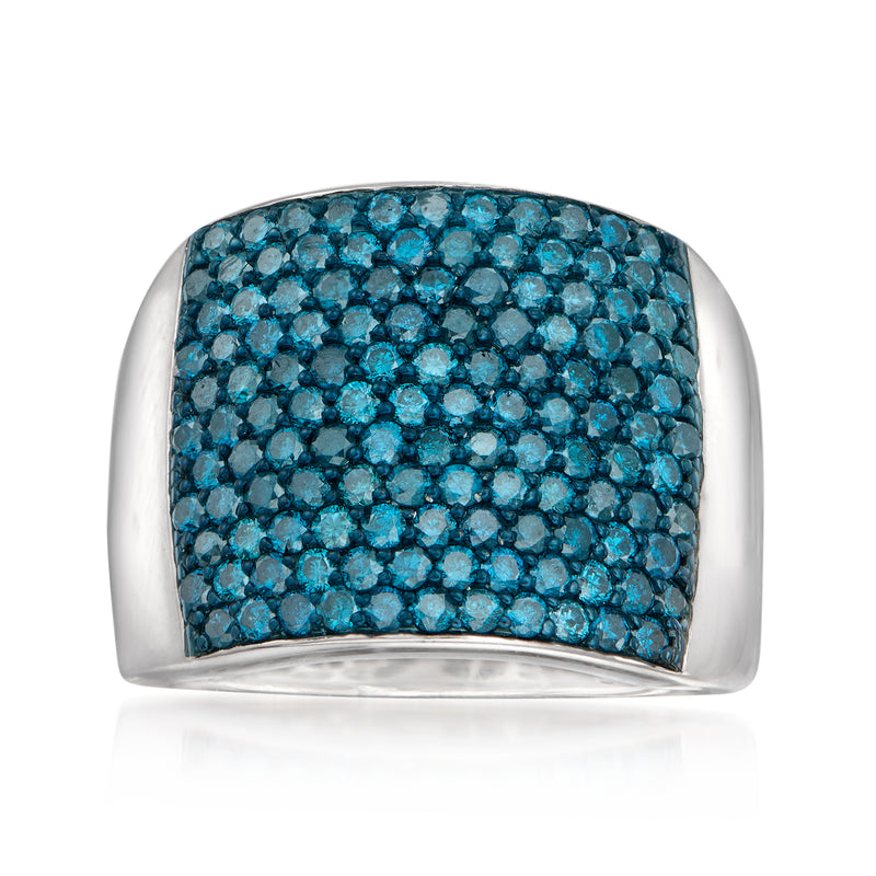 Wide sterling silver ring with blue diamonds
