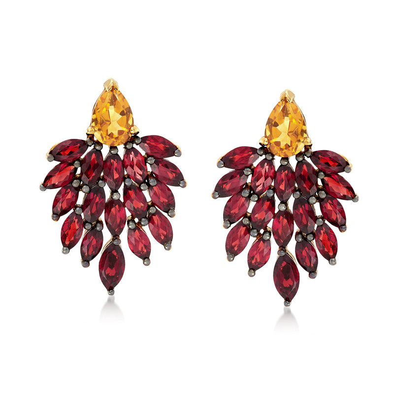 Gold drop earrings with golden teardrop citrine and red garnet marquise stones