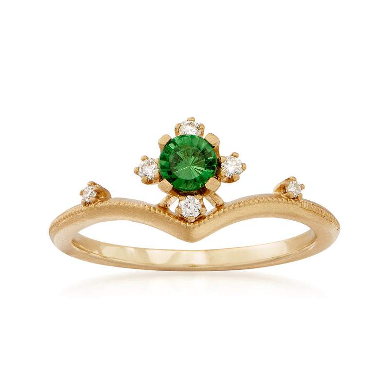 18kt yellow gold ring with round green tsavorite center and diamond accents