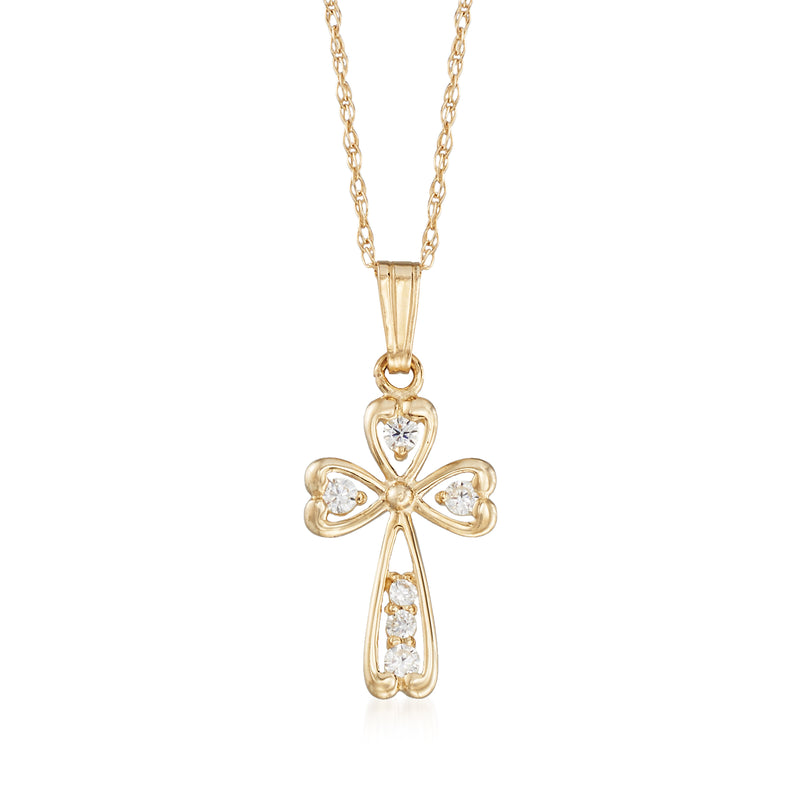 Children's 14kt yellow gold cross pendant necklace with clear CZ stones, bail top