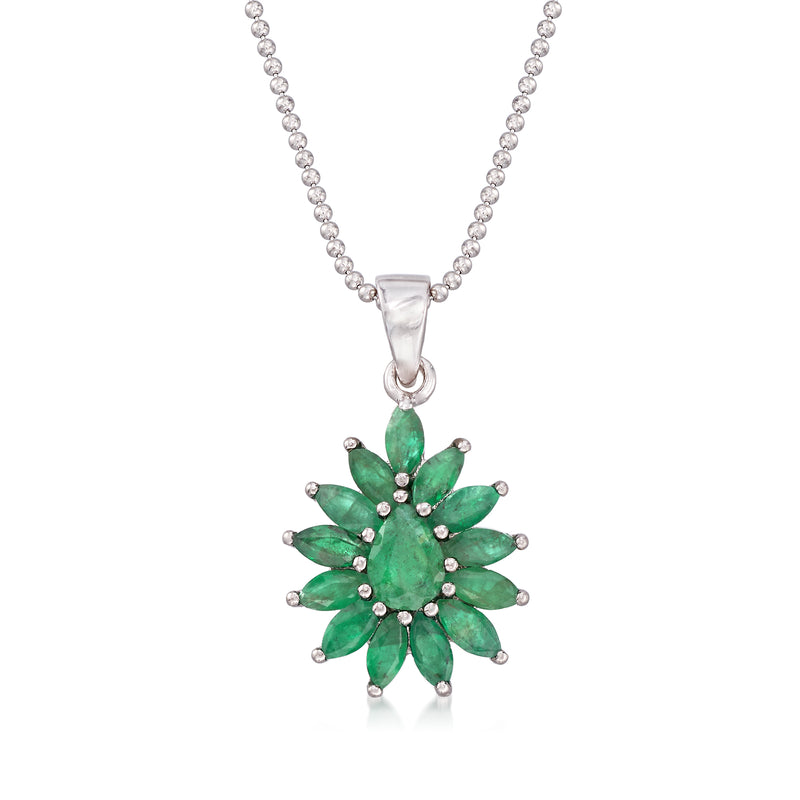 Sterling silver emerald cluster pendant necklace with green center flower and clear stones